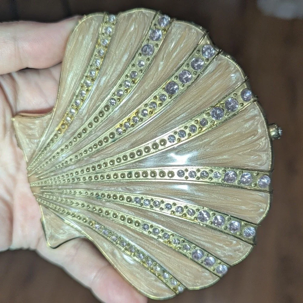 Vintage Glam Ashleigh Manor Seashell Compact Mirror Gold Pink Enameled Jeweled